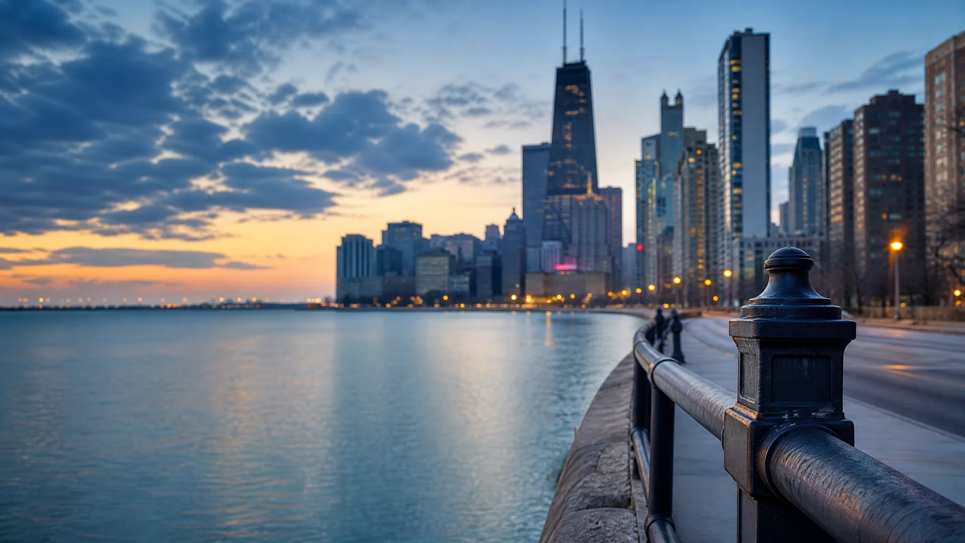 A waterfront railing in the foreground leads toward a city skyline of high-rise towers at dusk, with calm water on the left and two distant pedestrians on the walkway.