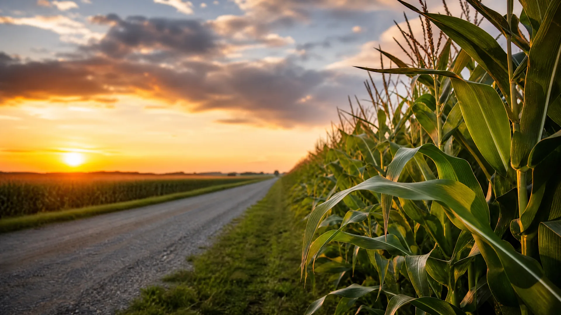 A gravel road runs between corn fields at sunset, with tall corn stalks in close-up on the right and the sun low on the horizon under orange and gray clouds.