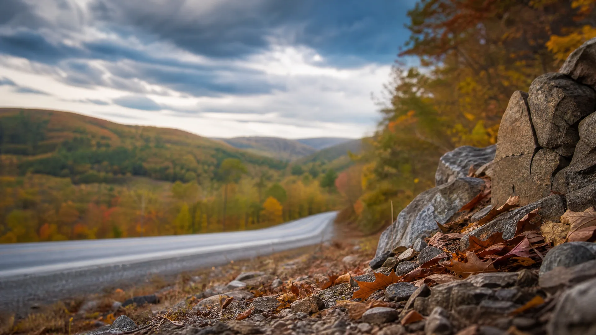 A low-angle view along a paved road curving through rolling hills with autumn-colored trees, with rocks, gravel and fallen leaves in sharp focus at the roadside and a cloudy sky overhead.