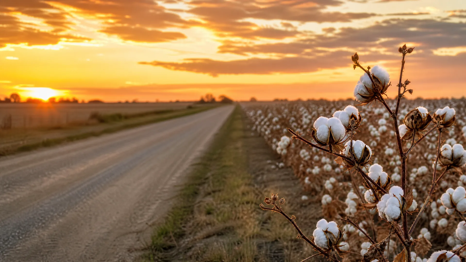 A gravel road runs beside a field of open cotton bolls on dried plants at sunset, with orange clouds above a flat horizon.