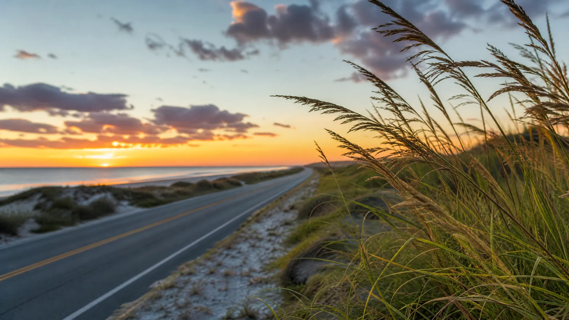 A two-lane paved road with yellow center lines runs along a coastline at sunset, with tall grasses on a sandy dune in the foreground and the sun low over the water.