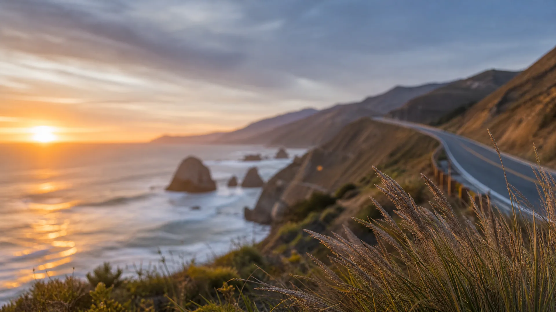 A coastal highway curving along steep hills above an ocean with sea stacks at sunset, with backlit grasses in the blurred foreground.
