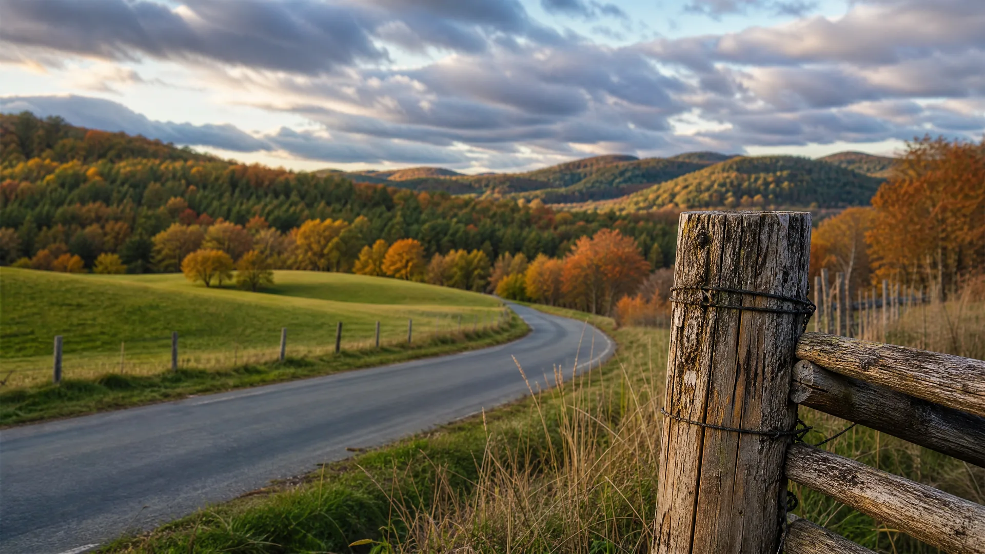 A narrow paved road curves through grassy fields toward wooded rolling hills with autumn foliage, with a weathered wooden fence post wrapped in wire in the right foreground under a cloudy sky.