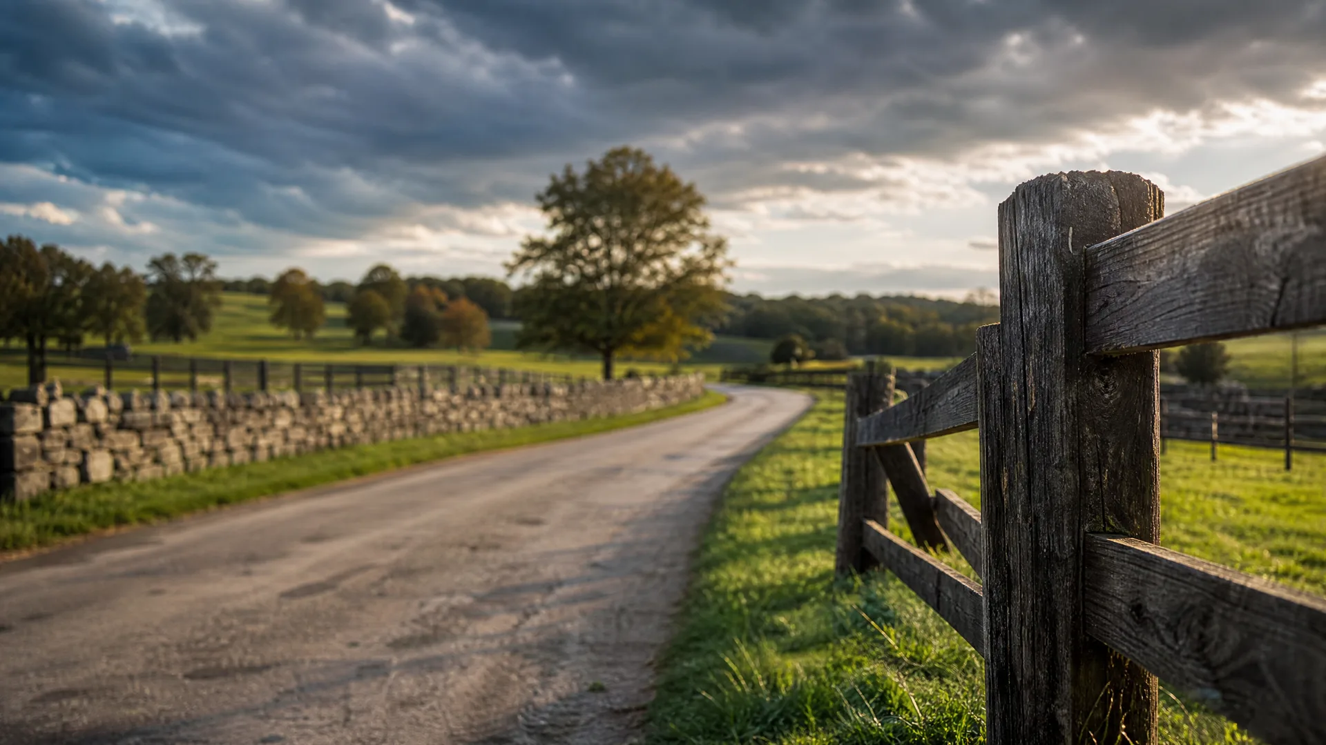 A narrow paved road curves between a dry stone wall and a weathered wooden post-and-rail fence, with grassy fields, scattered trees and a cloudy sky beyond.