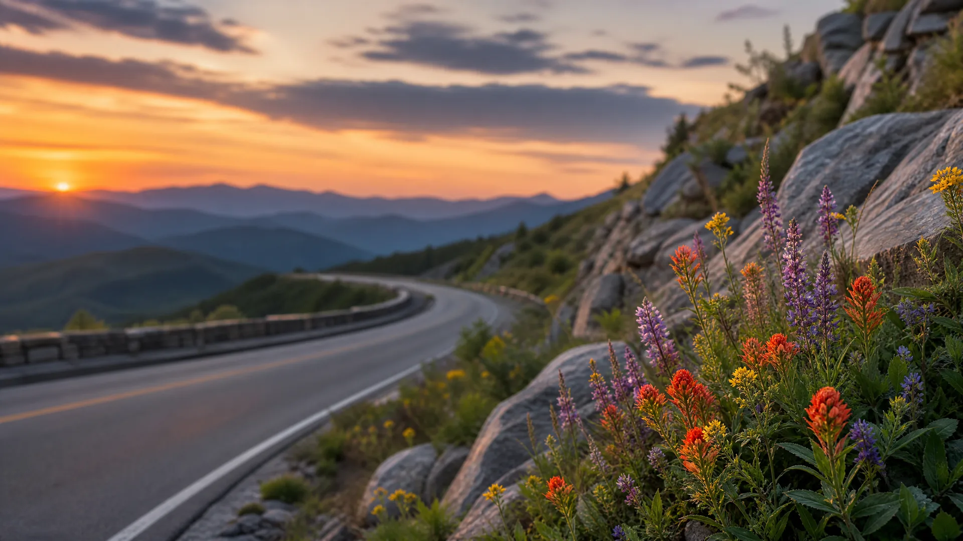 A curving two-lane road along a ridge at sunset, with layered mountains on the horizon and red, purple, and yellow wildflowers growing among rocks in the foreground.