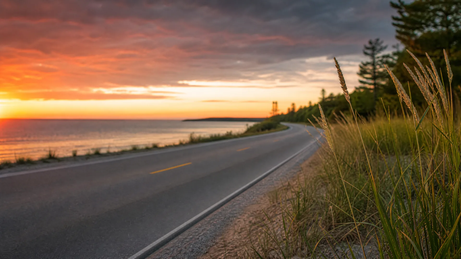 A two-lane paved road with yellow center markings curves along a large body of water at sunset, with tall grasses in the foreground and conifer trees on the right.