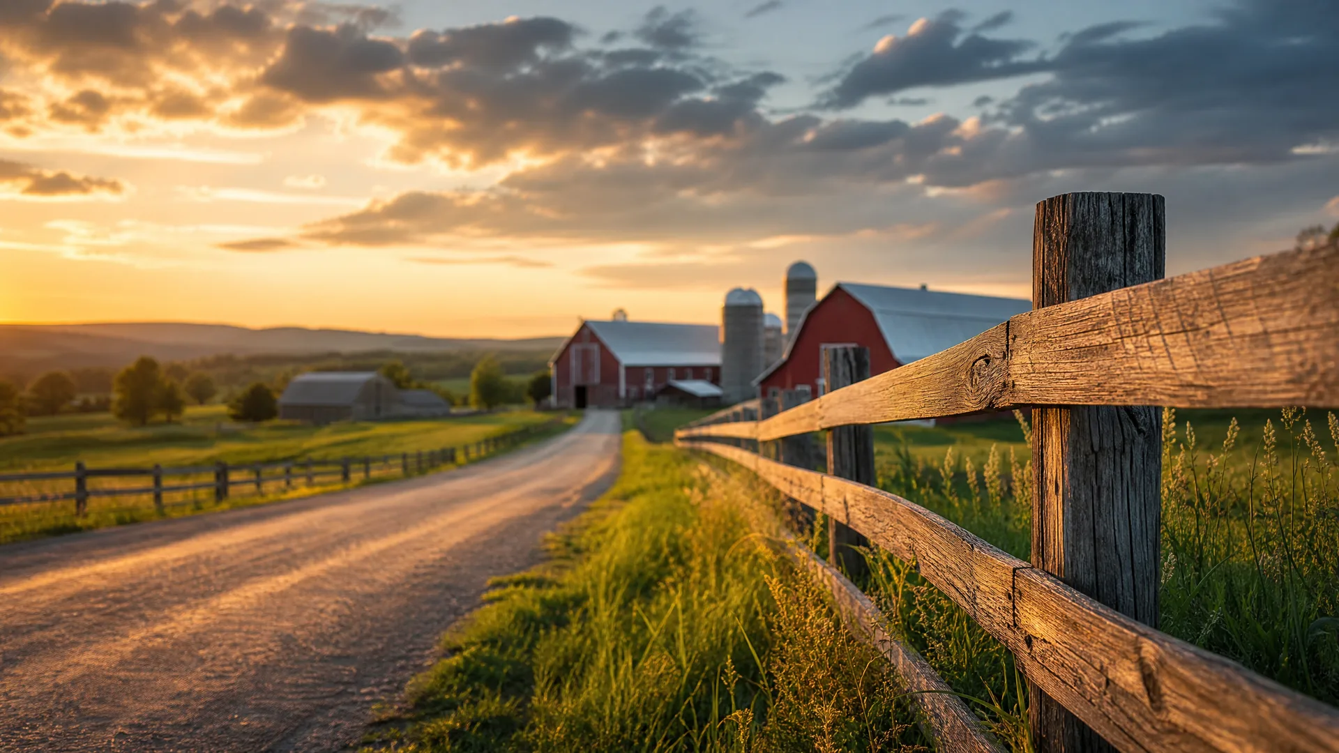 A weathered wooden rail fence lines a dirt road leading to a red barn with silos and a white-roofed outbuilding, with grassy fields and low hills under a cloudy sky at sunset.