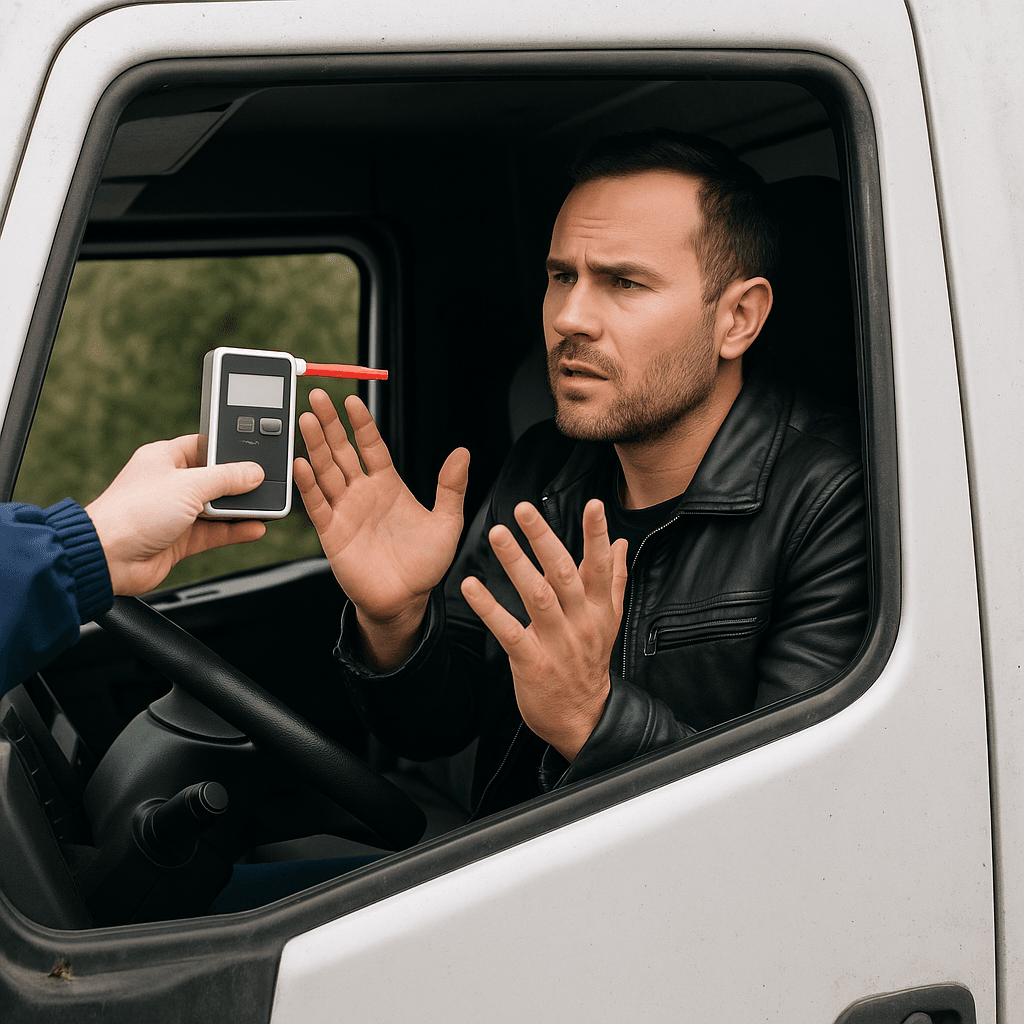 Driver in leather jacket refusing breathalyzer test during roadside DUI checkpoint